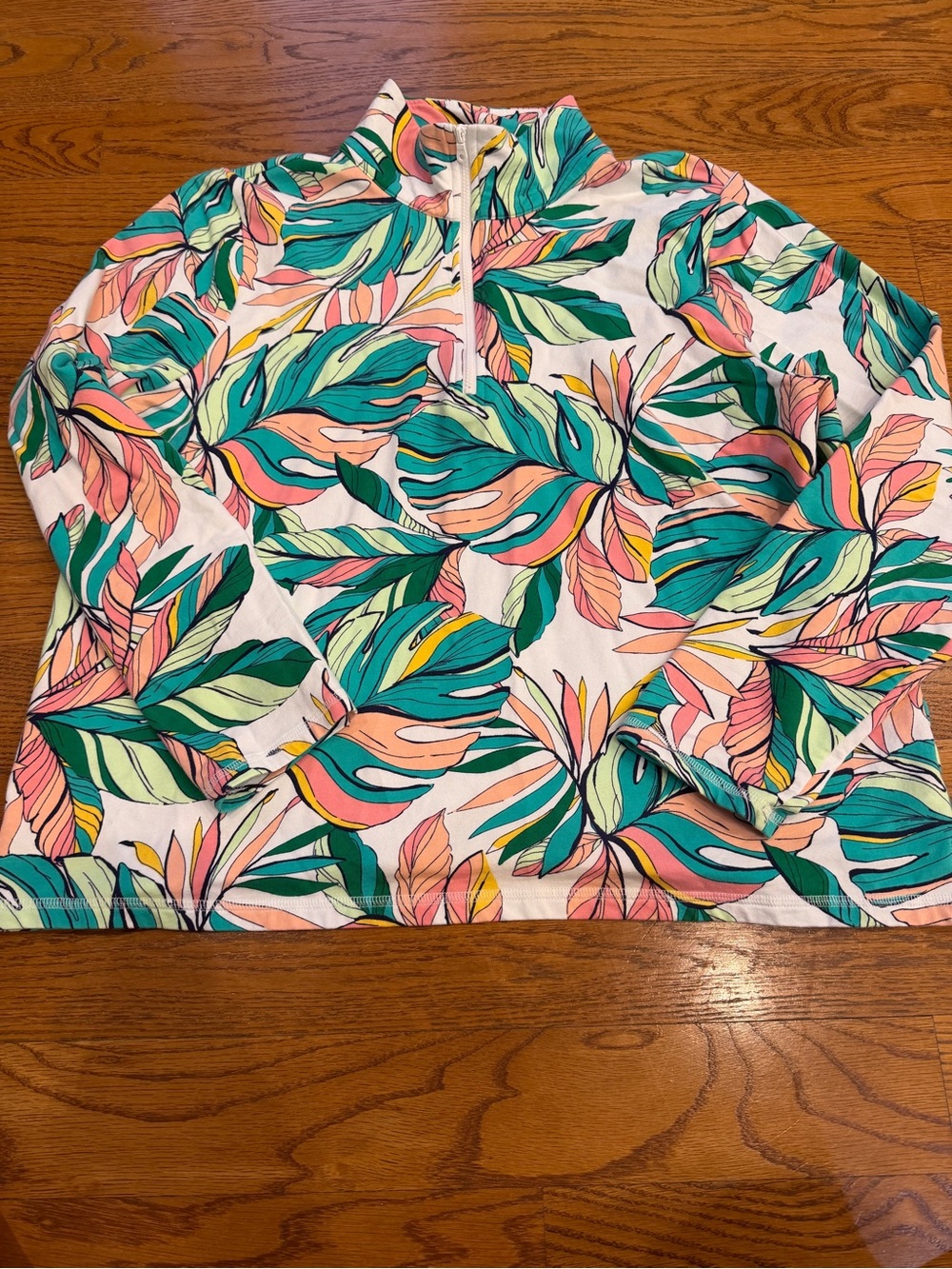 T by Talbots Woman’s Tropical Leaf Print Pullover - Pink, Teal & White